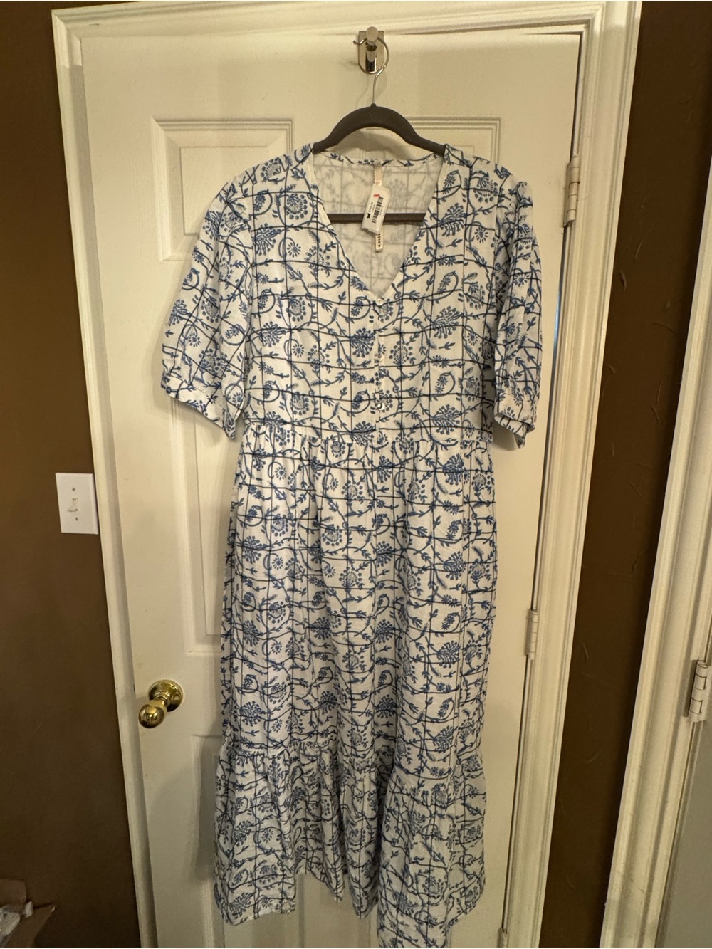 Uncle Frank White Maxi Dress with Blue Floral Grid